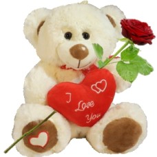 Sitting teddy bear approx. 28cm + red heart (White sitting cuddly toy approx. 25cm with red heart and brown feet + fresh red rose + 140 grams of chocolate hearts)